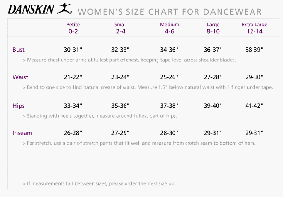 Danskin Intimates Size Chart